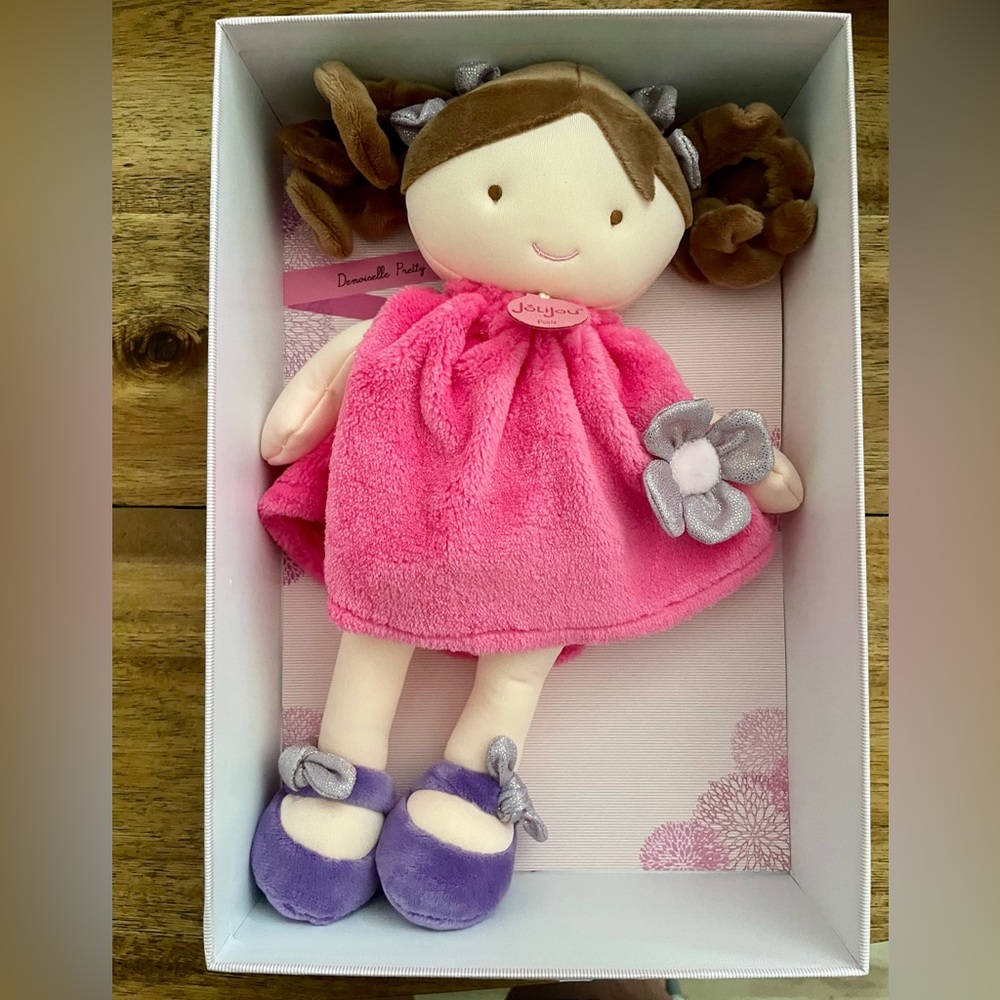 JoliJou Joy Jou Plush Doll with Pink Dress and Purple Shoes 12”